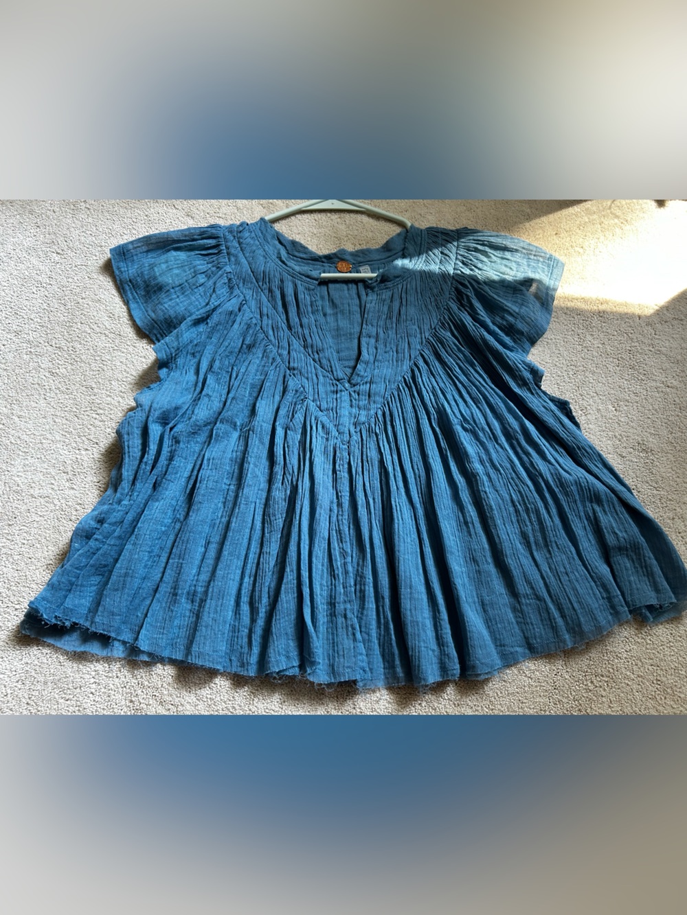 Free People Indigo Crinkled Peasant Blouse